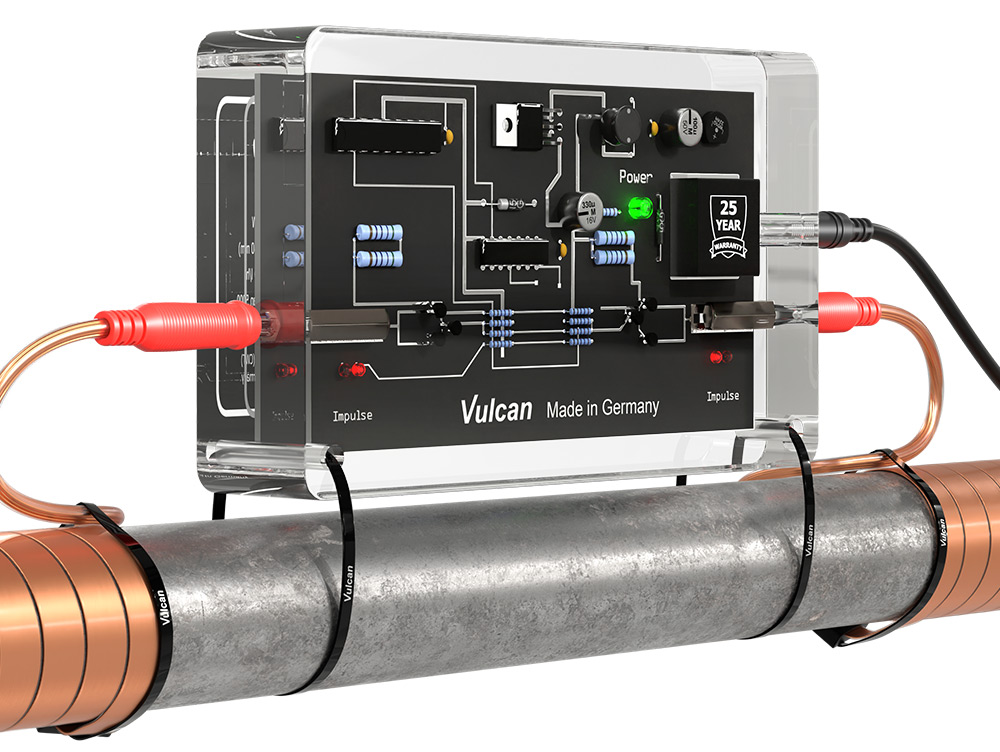 Vulcan electronic water treatment unit installed on a pipe